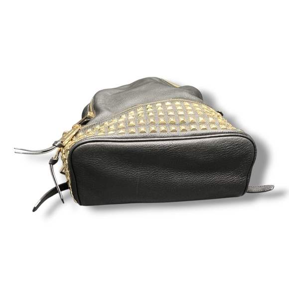 MICHAEL KORS Rhea Medium Black Studded Pebbled Leather Gold Details Backpack